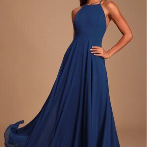 LULUS Mythical Kind of Love Navy Blue Maxi Dress, Small, altered to 5'3" height